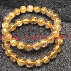 2 pcs Natural 8/10mm Gold Quartz Hair Rutilated Crystal Beads Bracelet 7.5'' - Picture 1 of 24