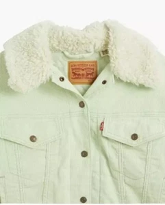 Levi's Levis Corduroy Cropped Trucker Jacket Mist Mint Sherpa Light Green Coat L - Picture 1 of 20