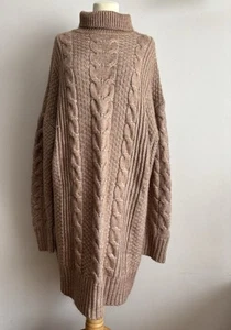 Primark XL 18/20 Warm Brown Cable Knit Jumper Dress Chunky Roll Neck Knee Lengt - Picture 1 of 8