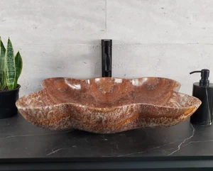 Onyx Stone Vessel Bathroom Sink, 21 x 15.5 inch Red and Tan Stone Polished Sink - Imagen 1 de 16