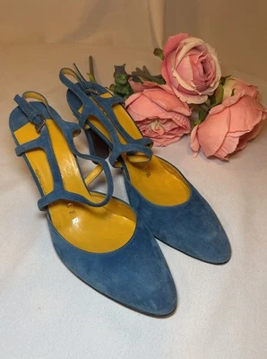 Salto Walter Steiger azul camurça com tiras tamanho 8,5 B fabricado na Itália - Imagem 1 de 4