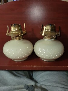 Lamplight Farms Ivory Cream Off White Hobnail Glass Oil Lamp Pair NO CHIMNEYS - Picture 1 of 4