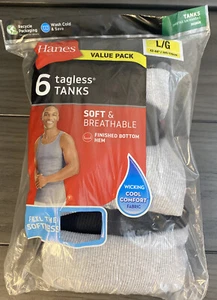 HANES Tagless Tanks Men's Sz L 42-44" Pack of 6 Black and Gray Brand New W/ Tag - Picture 1 of 2