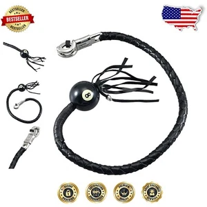 36" Leather Get Back Whip for Motorcycles with Pool Ball - Black Fringed Style - Picture 1 of 6