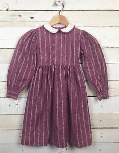 vintage LAURA ASHLEY Sz 4y l/s Purple Maroon Dress Stripe Hearts Flowers 