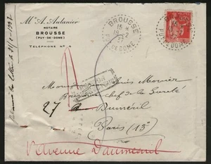 FRANCE:  Puy de Dôme / CàD tireté BROUSSE sur lettre de 1937 - Bild 1 von 2
