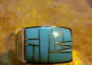 New Mens Sterling Silver Turquoise Inlay Ring Navajo Candace Skeet Size 10 1/4 - Picture 1 of 8