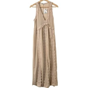 ZARA Contrasting Lace Maxi Slip Dress in Tan Size S - Picture 1 of 13