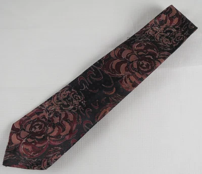 Gravata Oleg Cassini masculina preta vermelha floral padrão rosa designer seda vintage - Imagem 1 de 3