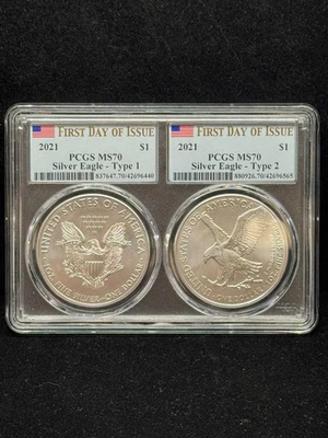 Conjunto 2021 tipo 1 e tipo 2 Silver Eagle PCGS MS70 FDOI suporte único - Imagem 1 de 4