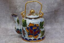 Miniature Cloisonne Teapot 2.25" Tall Yellow, Blue & Red Flowers on Blue & White