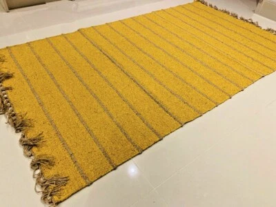Mustard Yellow Striped Eco Recycled Cotton Rich Jute Handmade Washable Kilim Rug - Image 1 of 4