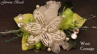 Corsage Lime Green  Beaded Lily Silk Roses Beads Rhinestones. Boutonniere Option - Image 1 of 4