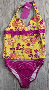 Speedo Girl’s Sz 14 2 Piece Swimsuit Pink/Yellow NWT! Flowers FLAMINGOS TANKINI - Picture 1 of 5