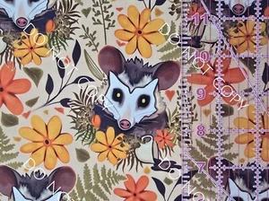 100% Cotton Woven Fabric Novelty Opossum Cottage Core By the 1/4 Yard 9x56 - Picture 1 of 2