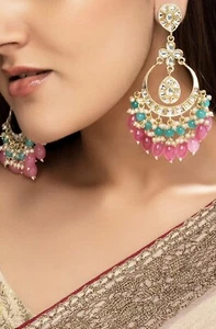 Indian Gold Plated Bollywood Style Jewelry Pearl Kundan Chandbali Earrings Set - Picture 1 of 3