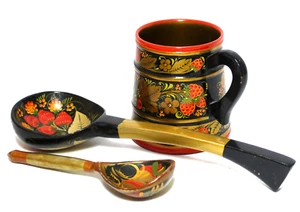 Khokhloma Hand Painted Wood Russian Folk Art Mug Ladle Spoon Set 3 - Afbeelding 1 van 15