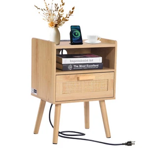 Rattan Nightstand End Table with Drawer Open Shelf Boho Bedside Table - Picture 1 of 12