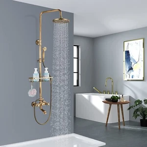 Wall Mounted Antique Brass Bathroom Rainfall Shower Faucet System Set W/HandHeld - Picture 1 of 11