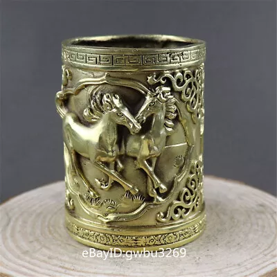 Chinese Brass ​Pen Holder Carved Steed Horse Brush Pot W Xuande Mark 20859 • 91.85$