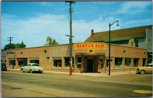 c1950s MERCER, Wisconsin Postcard "WAMPUM SHOP" Wooden Indian / Street Scene - Picture 1 of 2