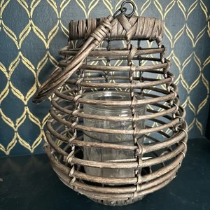 Rustic Farmhouse Wicker Basket Candle Lantern 12” Tall Glass Holder - Picture 1 of 7