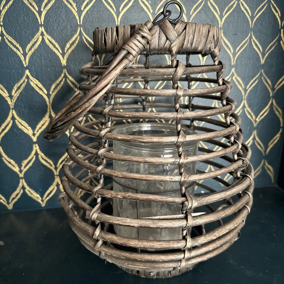 "Canasta de mimbre rústica de granja linterna de vela 12"" de alto soporte de vidrio" Foto 1 de 4