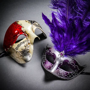 Phantom Musical Red Gold & Silver MardiGras Black Purple Feather Couple Masks - Picture 1 of 1