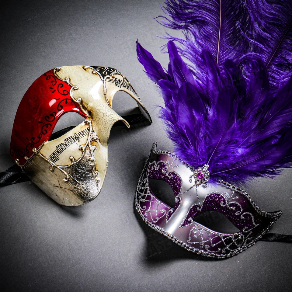 Phantom Musical Red Gold & Silver MardiGras Black Purple Feather Couple Masks - Image 1 of 1