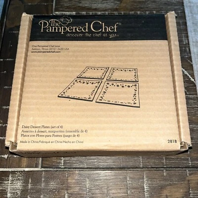 Pampered Chef Daisy Dessert Plates Set of 4 Glass 2818 Pink White Retired New - Image 1 of 4