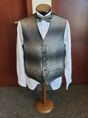 6 Button Geometric Fullback Vest with Matching Bow Tie Six different colors PZ  - Image 1 of 4
