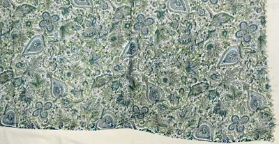 VINTAGE 1960s-1970'S  Green Off White Paisley flowers Fabric Cotton sheer soft - Image 1 of 3