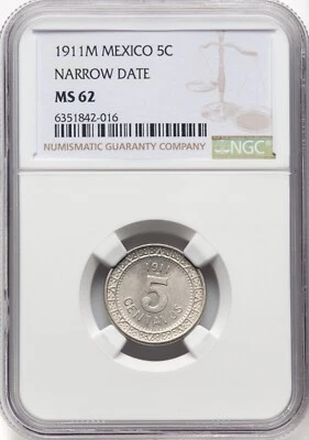MONEDA DE 5 CENTAVOS MÉXICO ESTADOS UNIDOS 1911, CERTIFICADA NGC SIN CIRCULAR MS62 Foto 1 de 2