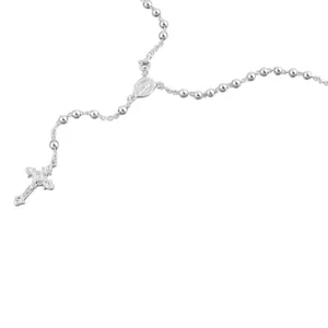 Women Silver Rosary Necklace 4mm Bead Jesus On The Cross Pendant Rosary Chain - Picture 1 of 2