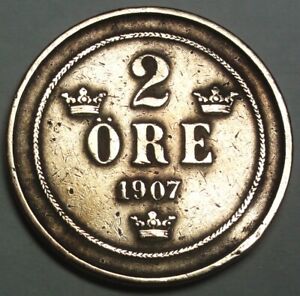 Schweden 2 Öre 1907 König Oskar II. -  s bzw vz / f o.s xf + Münztasche