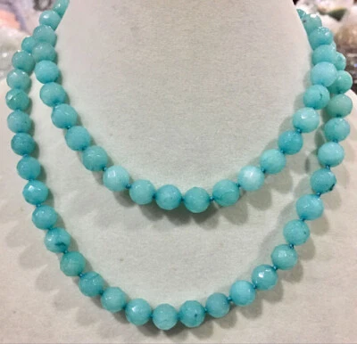 Fine Natural 8mm Faceted Light Blue Aquamarine Round Gemstone Beads Necklace 36" - Image 1 of 3