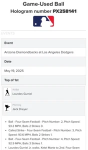 RARE 1/1 GAME USED BASEBALL DODGERS VS ARIZONA DRYER GURIEL WALK 5/19/25 MLB - Picture 1 of 2