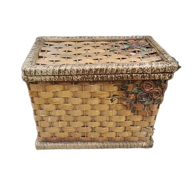 Vintage Wicker Chest 3D Unique Rose Pattern Rattan Woven Home Storage Trunk  - Image 1 of 4