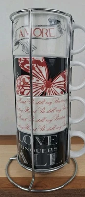 Pier 1进口励志爱情可堆叠马克杯4件套银色架6盎司 — 第 1/4 张图片