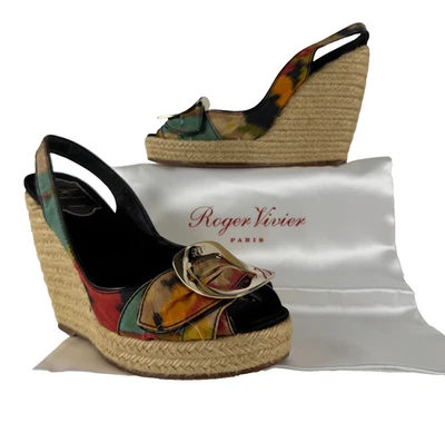 $975 Roger Vivier Alpargatas 8 EE. UU. 38 UE Multicolor Tela Cuña Tacones Zapatos Bolso Foto 1 de 4