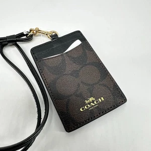 Coach Signature PVC Lanyard ID/Document Holder Brown Black Women's Leather - Picture 1 of 7