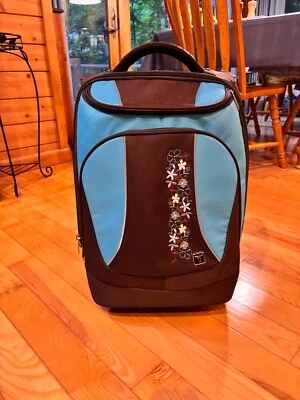 罕见 TRVL 品牌 Aqua & Brown 花卉 20 英寸行李箱/手提箱! — 第 1/4 张图片