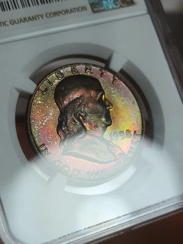 1958 D Franklin Half Dollar NGC MS67+ Vivid Rainbow Toned Pop 2 Double Toning Cover