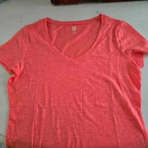 WOMENS SMALL CORAL TOMMY HILFIGER V-NECK SHORT SLEEVE COTTON SLUB TEE T-SHIRT - Picture 1 of 5