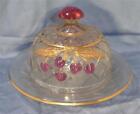 Rare Cherry Lattice NORTHWOOD Covered Butter Dish Pressed Glass Gold Leaves EUC