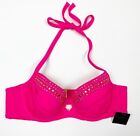 34B Victoria's Secret Womens Studded Hot Pink Halter Bikini Top Lined