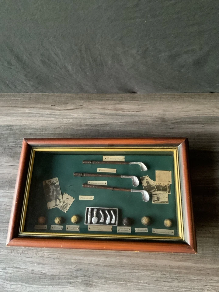 Expositor de caja de sombra de hierros y pelotas de golf historia vintage de la evolución del golf Foto 1 de 4