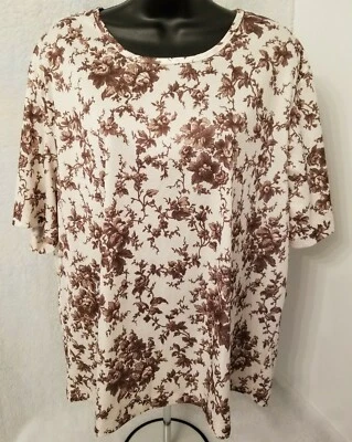 Camisa Top Blusa Haband Mujer Talla XX 2X L 2X Grande Marrón Marfil Floral Foto 1 de 4
