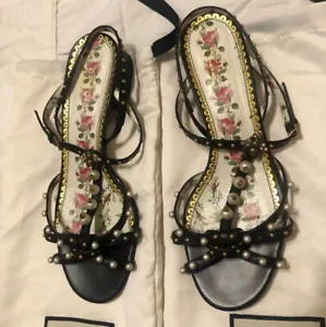 Gucci Strappy Black Sandals RARE W/ Pearls, Studs, Bees 37.5 - Picture 1 of 9
