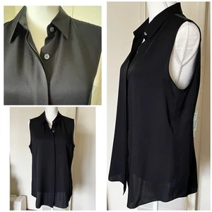NEW Theory SILK Top Blouse Shirt L Black CollaredButton Front Sleeveless - Picture 1 of 12